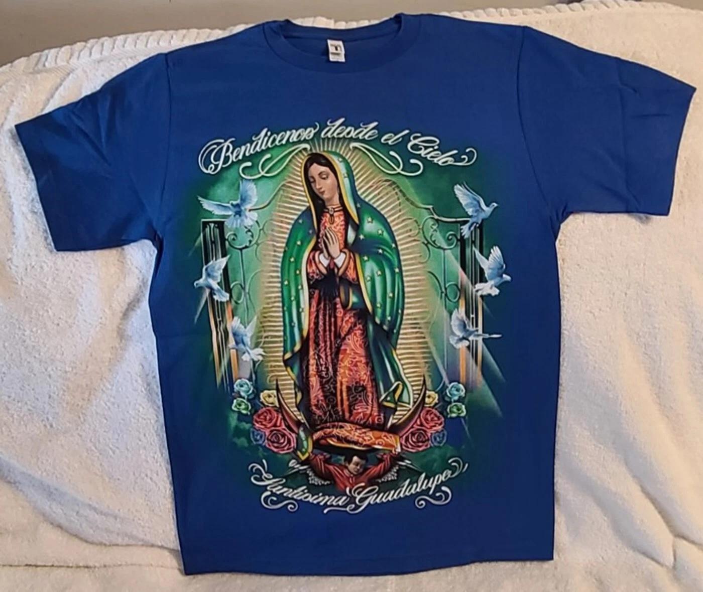 VIRGIN MARY BLESS US FROM HEAVEN HOLY GUADALUPE ROSE DOVE PRAY BLUE T-shirt 2XL