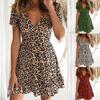 V-Neck Short Sleeve Waist Tight Mini Dress Sexy Leopard Print Women Dress Female Clothing
