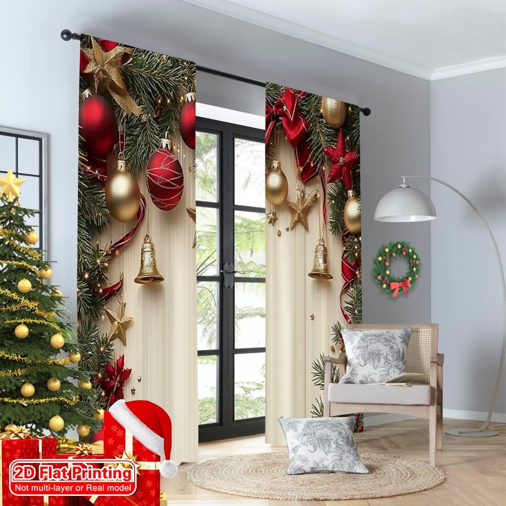 2D Flat Printing 2pcs Merry Christmas Popular Drapes Stars and Pine Branches 100% Polyester Without Electricity Birthday Party