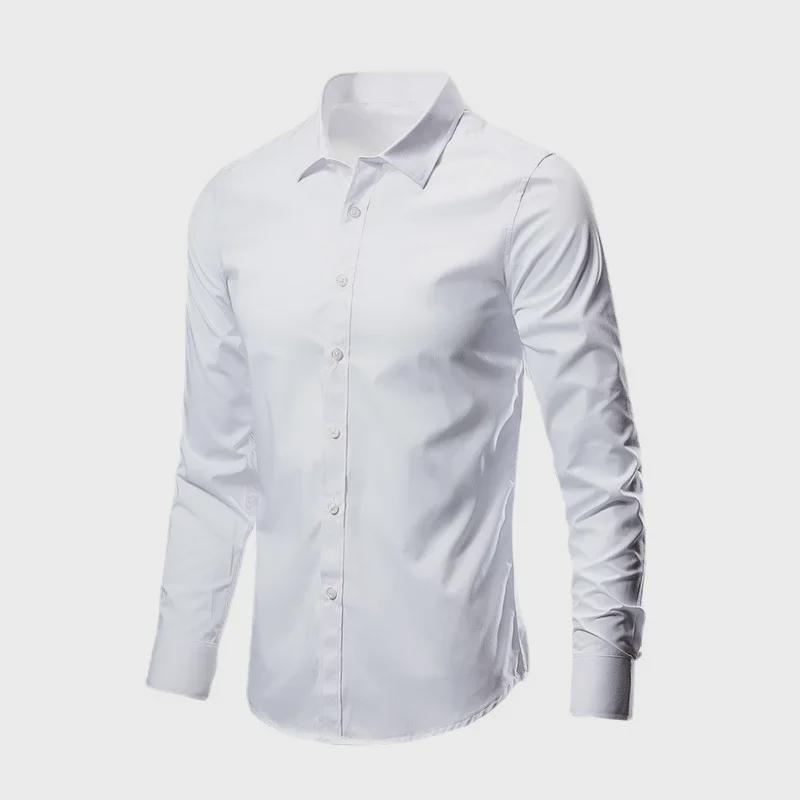 Men's Slim Fit Long Sleeve White Shirt - Korean Style, Non-Iron, Formal/Casual Professional Wear.