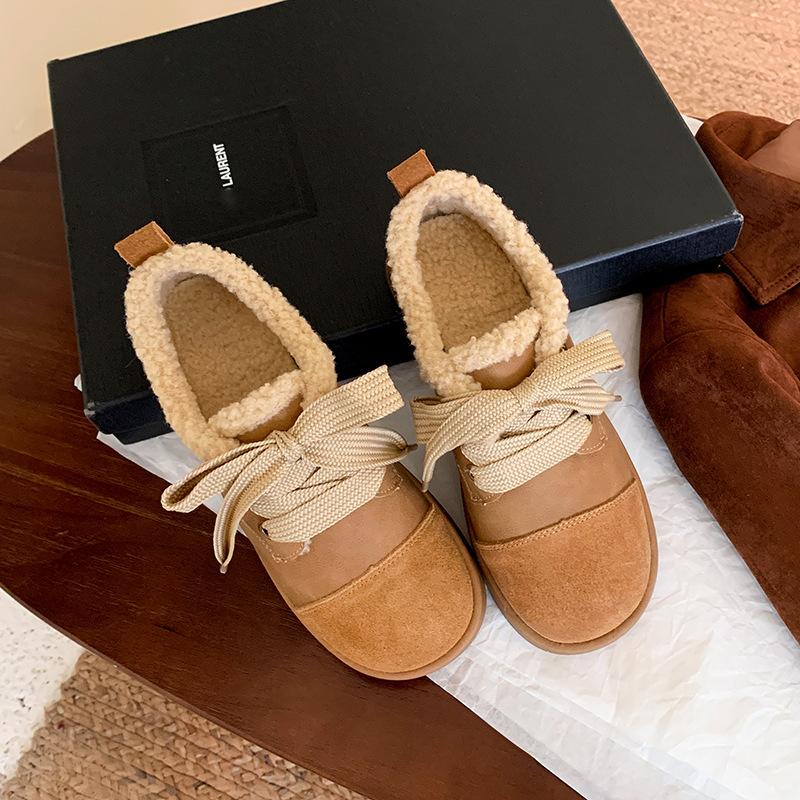 

Новые пятнистые кожаные ретро шерстяные туфли Birkenstock женские 2025 зимние бархатные сноубутсы с круглым носком повседневные на шнуровке 40