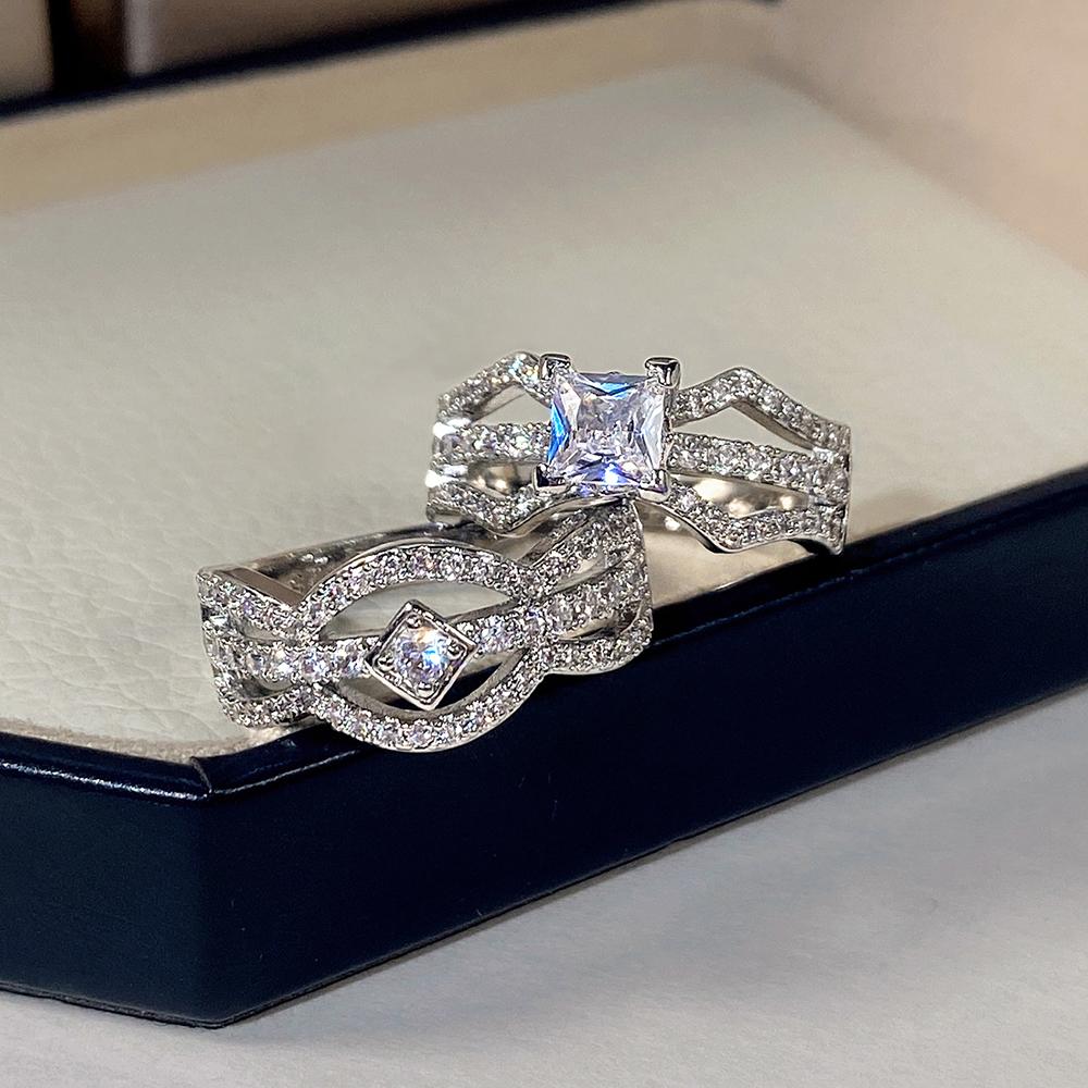 Bagues de luxe pour femmes, ensemble assorti, pour mariage, incrusté de zircone cubique brillante, luxe, 2 pièces, bandes de fiançailles, bijoux, nouvelle mode