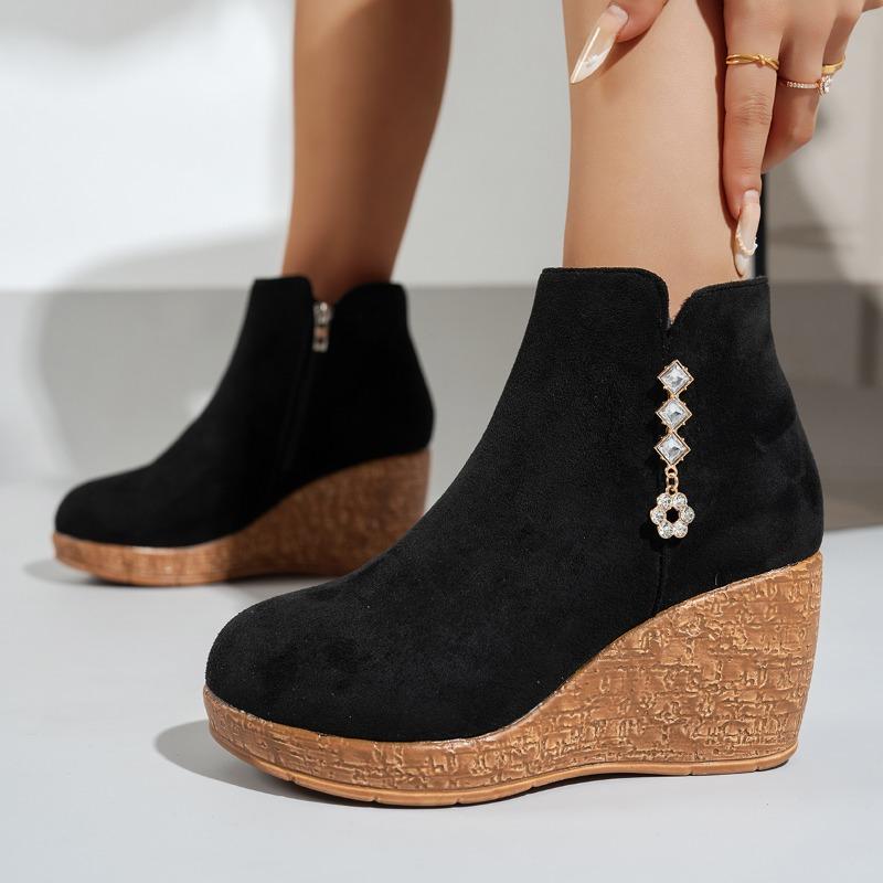 Naked Boots Fall Winter New Fashion Wedge Round Toe Zip Rhinestone Platform Non-Slip Cotton Boots