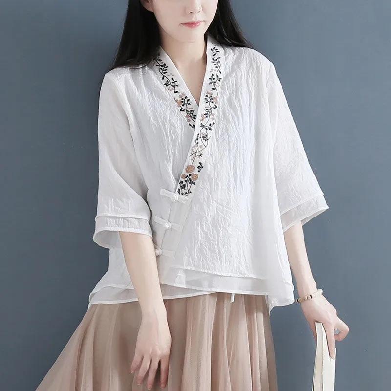 diagonal placket three-disc buckle medium-sleeved pure cotton fake two-piece shirt blouse women's new retro tea clothes cotton and linen cardigan