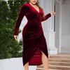 BITCED Plus Size Long Sleeve Velvet Bodycon Dress Sexy Pleated Wrap-Style Deep V-Neck Party Cocktail Gown