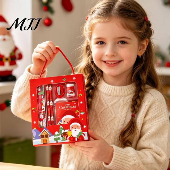 Cute Stationery for School 6PCS Christmas Set, Include Pencils Ruler Sharpener Eraser Pencil Case Gift Sets And Notepad, Cartoon Patterns Print