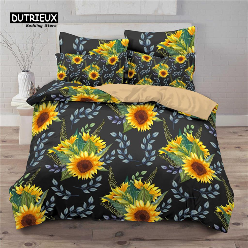 Sunflower Bedding Set Modern Microfiber Yellow Flowers Print Duvet Cover Alluring Sunflowers Summer Inspired Design Quilt Cover