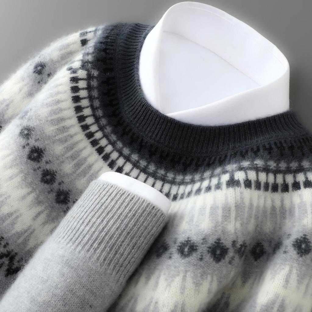 Men's Fair Isle Knit Cashmere Sweater - Round Neck, Retro Jacquard, Soft & Skin-Friendly, Thickened Design, Trendy Style