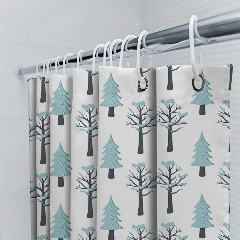 Patterned Shower Curtain With A Winter Forest Theme Blue Trees And Snowflakes On White Background Waterproof Fabric For Bathroom