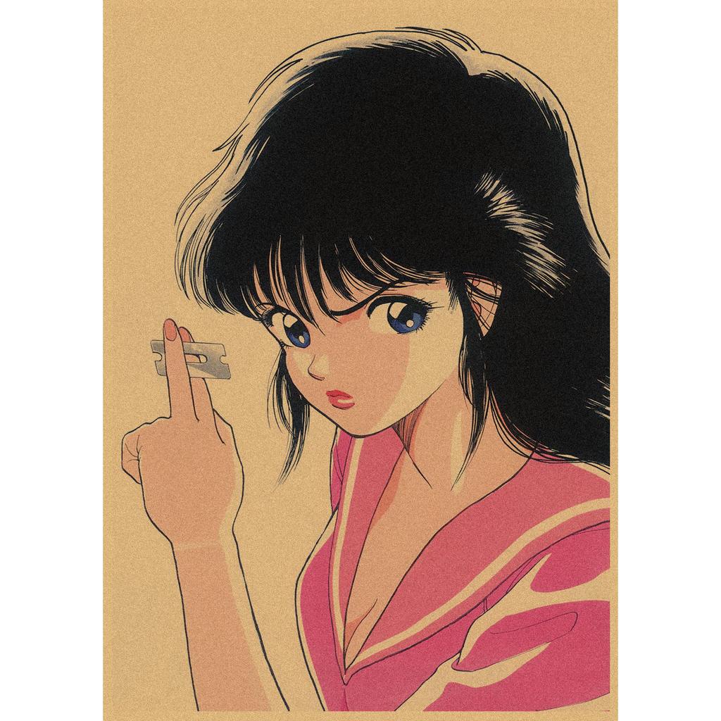 Sakura Diaries Retro Kraftpapier Manga Illustration Wandkunst