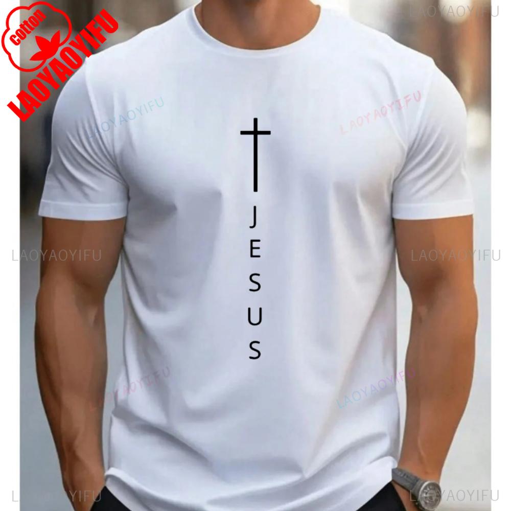 Mens Summer High Quality Cotton Tops Fashionable Casual Loose Large Cross and Jesus Letter Printed Sports Round Neck Tops