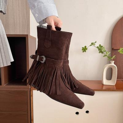 Mode 2025 Herbst Neu Retro Eckige Zehenpartie Temperament Kurze Stiefel Damen Nische Quasten Stiefeletten