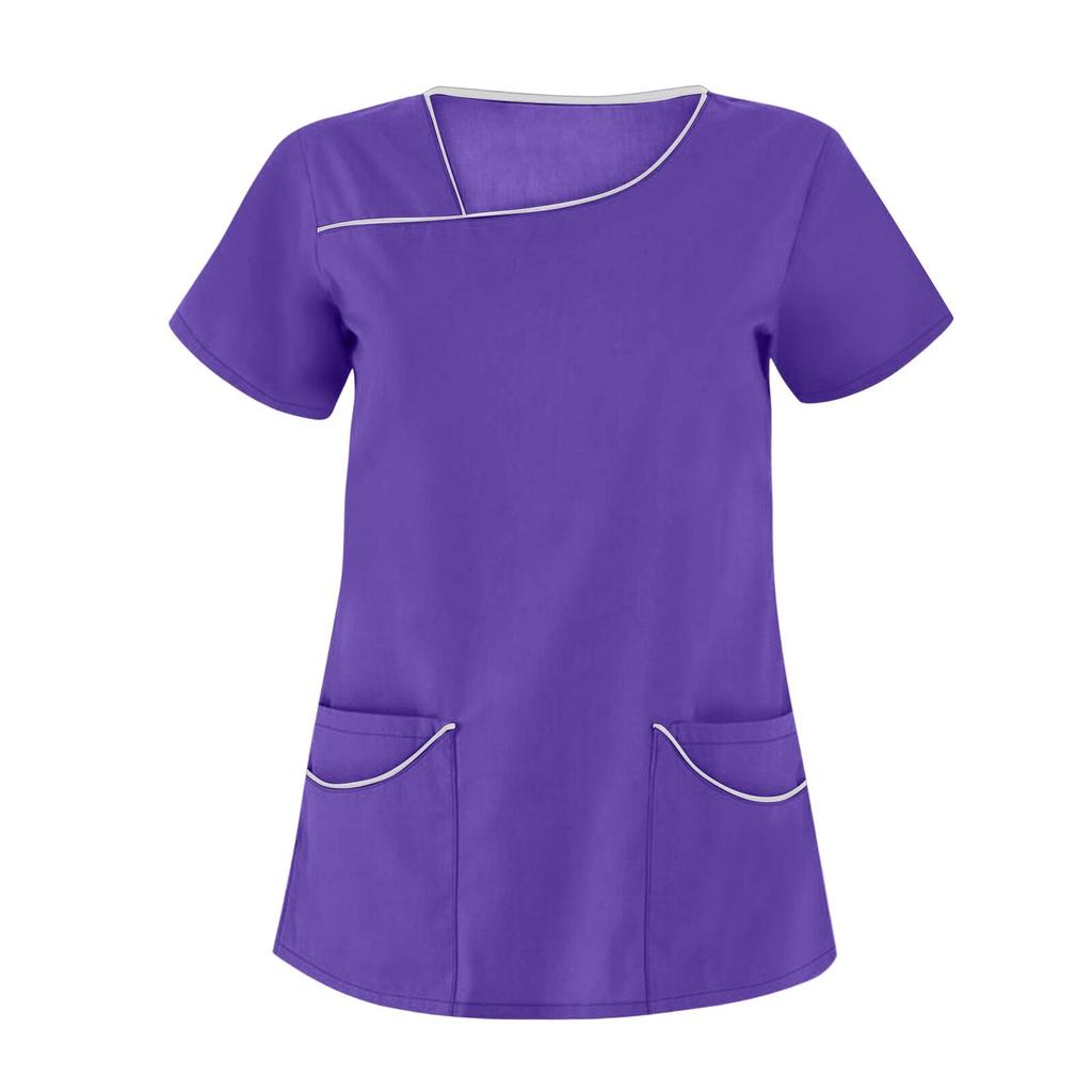 Women's Fashion Solid Short Sleeve Pattern Tops Pocket Working T-shirts