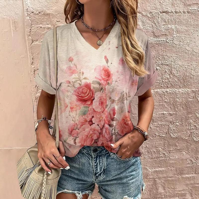 Summer Women's T Shirt Flower Print Casual Short Sleeve 3d T Shirts Fashion Streetwear V Neck Pullover Oversized Female Clothing