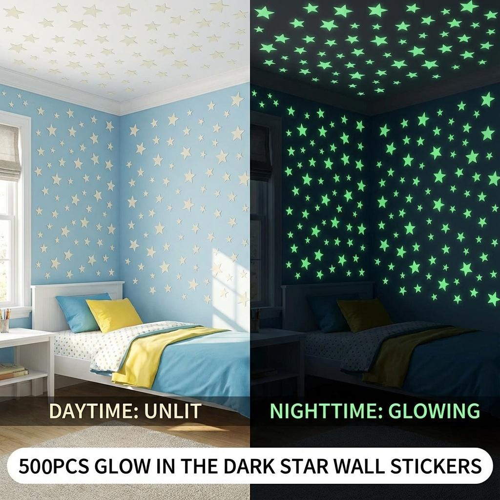 100/500pc Glow-in-the-Dark Star Stickers Self-Adhesive Luminous Wall Decals Festive Ambiance Ceiling Decor for Home Room Bedroom