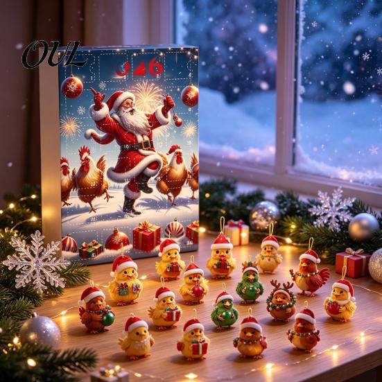 Christmas Tree Decor Chicken Advent Calendar 2026, 24 Days Countdown with 2D Flat Surprise Acrylic Ornament, Cartoon Hanging Pendant for Tree, Holiday