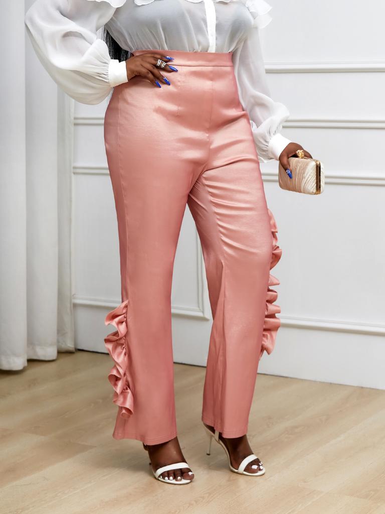 AOMEI Pink Pants for Women High Waist Ruffles Asymmetrical Wide Leg Trousers Party Club Prom Casual Chic Elegant Trendy Outfit