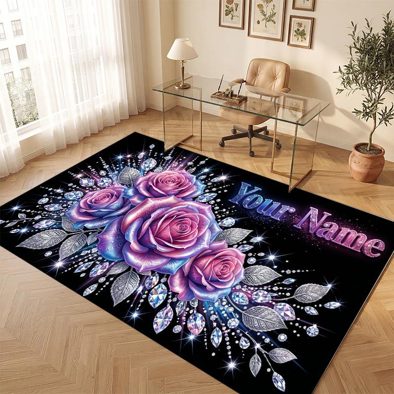 Floral Garden Theme Soft Crystal Velvet Rug Custom Name & Text Print Non Slip Floor Rug for Bedroom Living Room