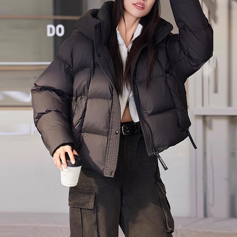 Winter Down Jacket Female White Duck Down Warm Stand Collar Short Puffer Jacket Simple Hooded Thickened Overcoat