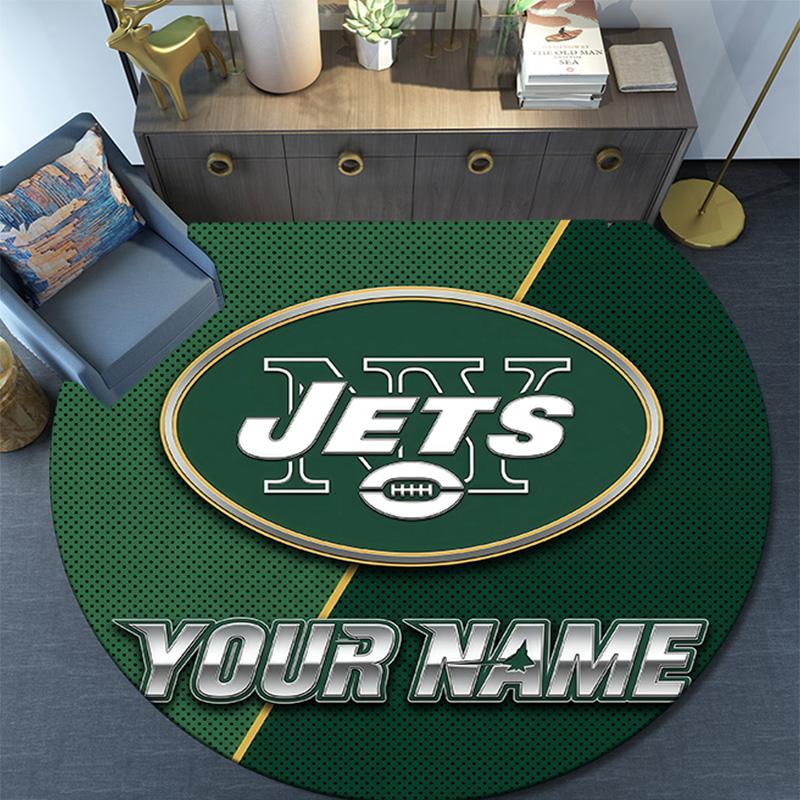 Custom Name New York Jets Round Area Rug,Carpet Rug for Living Room Bedroom Sofa Playroom Decor,Non-slip Floor Mat