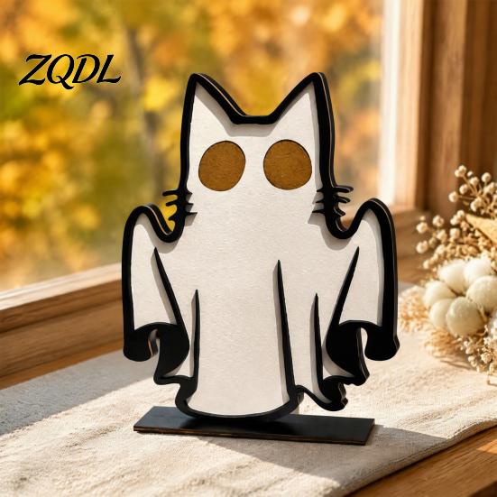 Minimalist Halloween Party Favors Ghost Cat Ornament, Wooden Decoration, Spooky Cute Fall Seasonal Table Centerpieces Centerpiece for Home Office