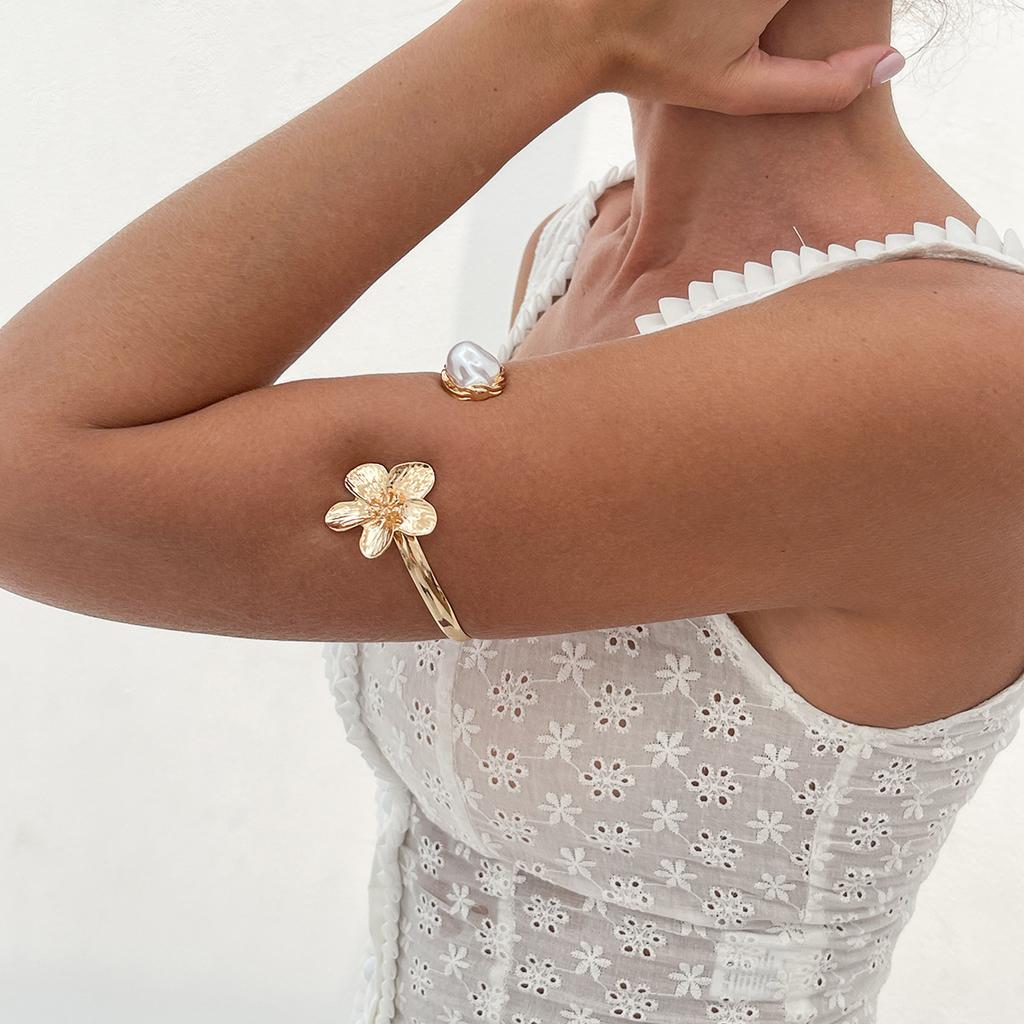 Accessories Personality Fashion Asymmetrical Metal Jewelry Baroque Special-shaped Imitation Pearl Flower Arm Bracelet Women