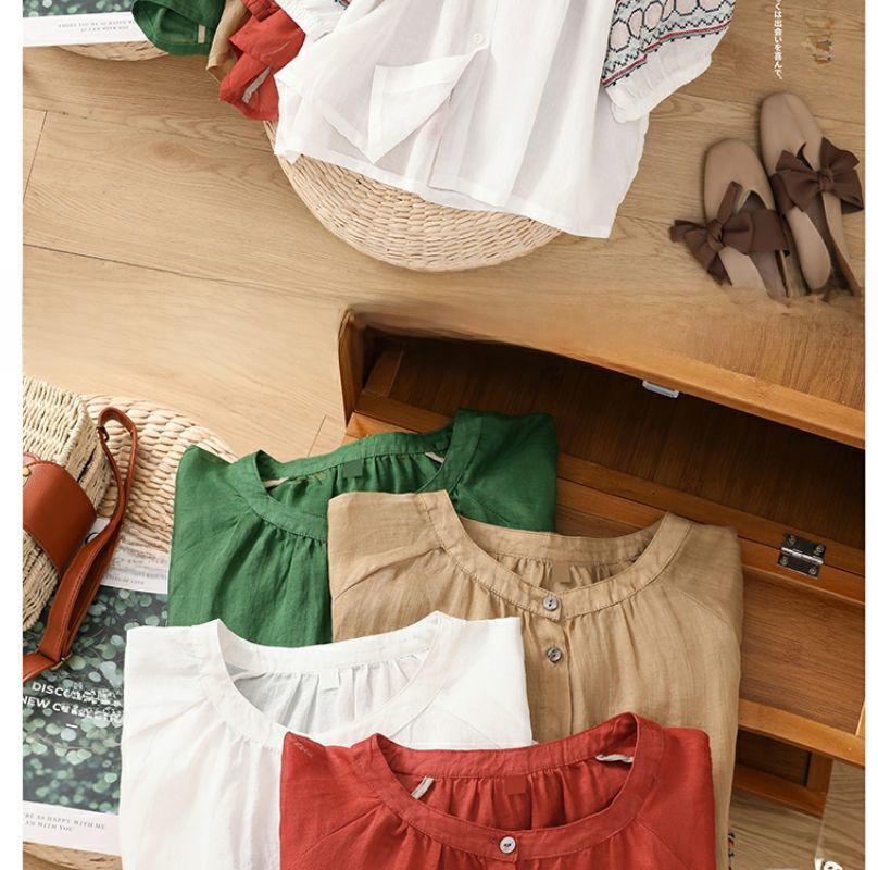 41 Retro Embroidered Lantern Sleeve Top - Women's Cotton & Linen Summer Shirt