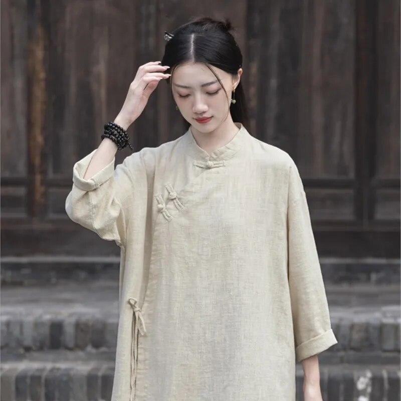 Zen Style Women's Pure Cotton Shirt Women's Spring and Autumn Meditation Clothes Cotton and Linen Chinese Style Tops