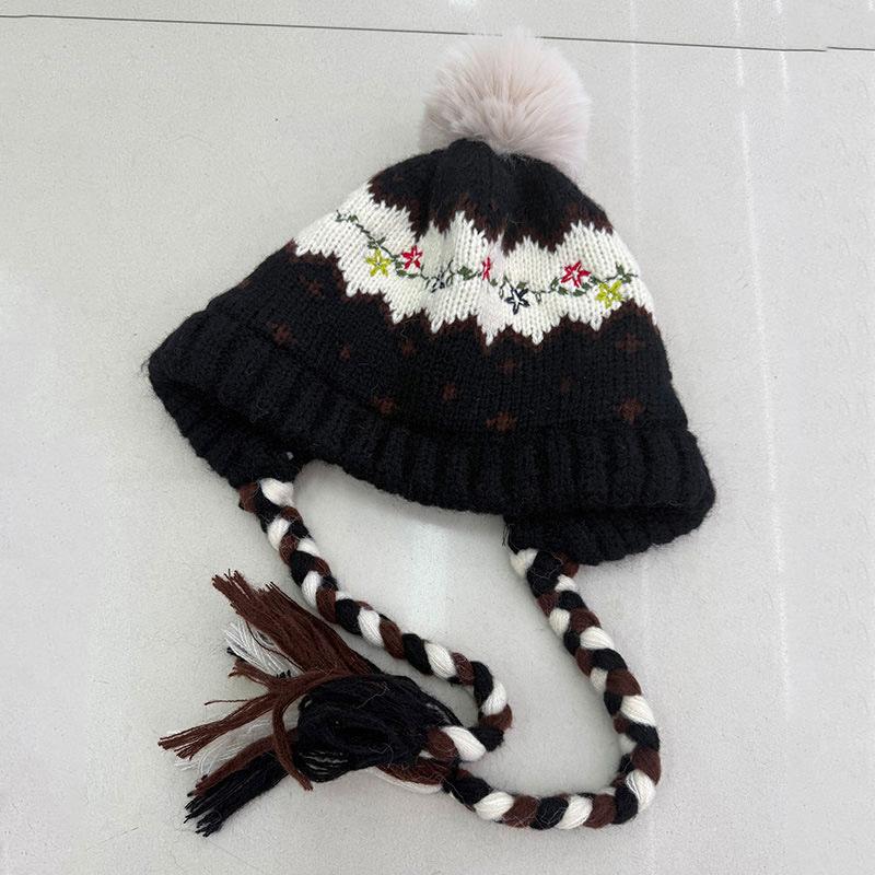 Vintage Fair Island Jacquard Knitted Wool Hat Women's Winter Thickened Strap Warm Ear Protector Lei Feng Hat Travel Cold
