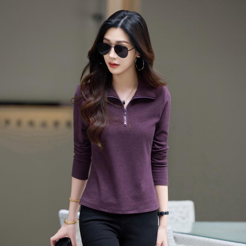 6655 Autumn/Winter Women's Stand Collar Zipper Slim Fit Long Sleeve Solid Color T-Shirt