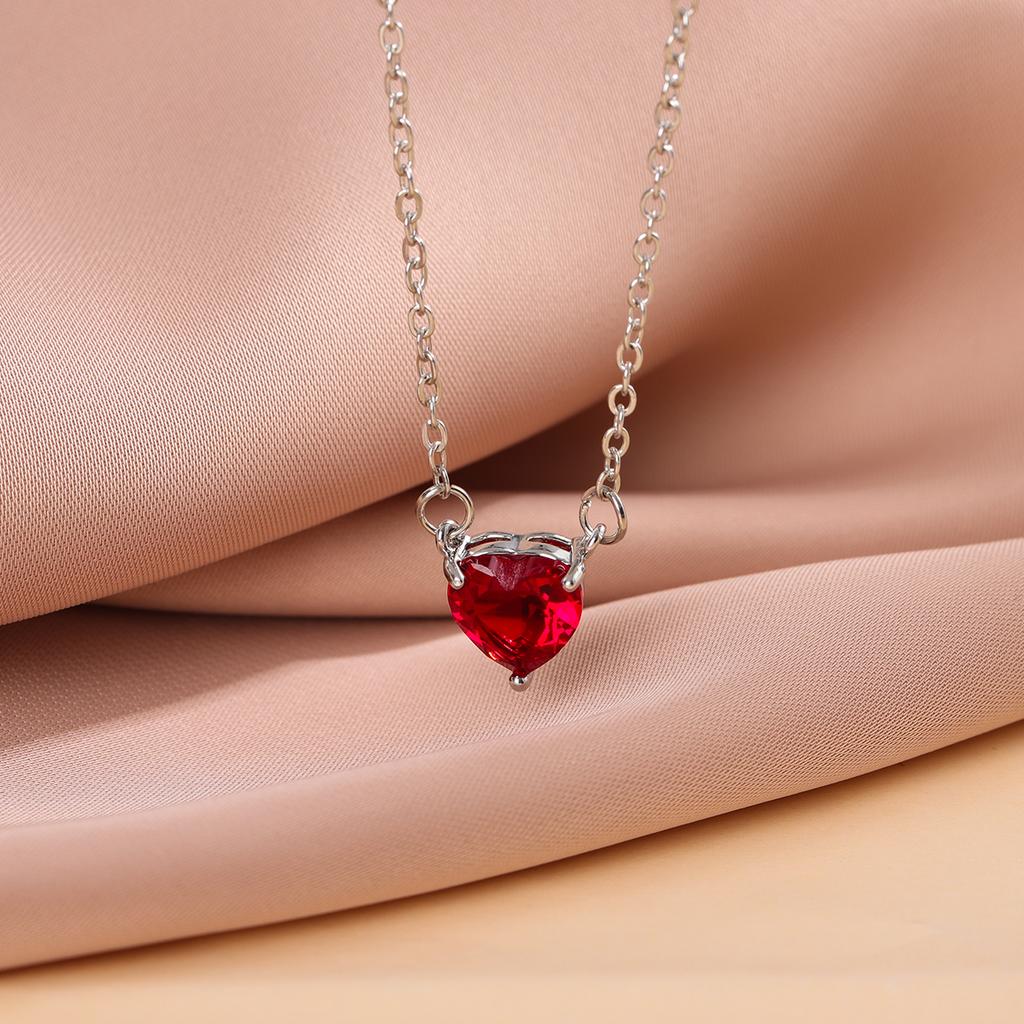 Red Peach Fashion Heart Love Crystal 925 Sterling Silver Clavicle Chain Pendant Necklaces