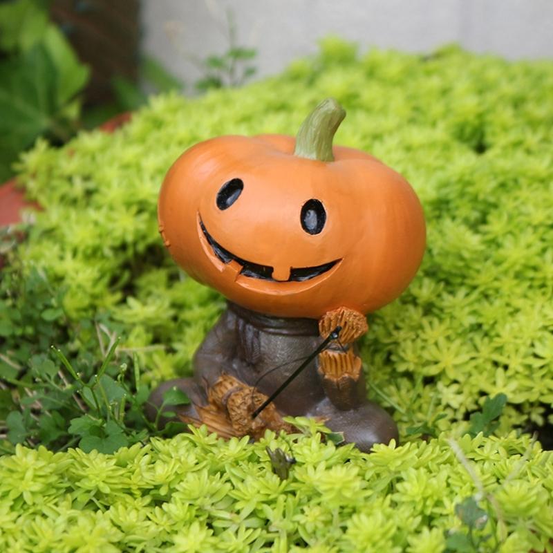 Pumpkin Scarecrow Statue With Fishing Accent  Fishing Figure Miniature Resin Art For  Indoor Festive Display