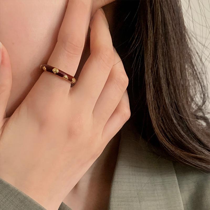 New Year's Gift Red Enamel Plum Blossom Flower Ring Women's Niche Cold Wind Plain Ring Ring Titanium Steel Plating