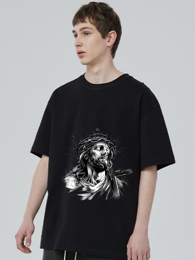 Black T Shirt Jesus Christ Crown of Thorns Religious Art Print for Men and Women Casual Wear Streetwear Fashion