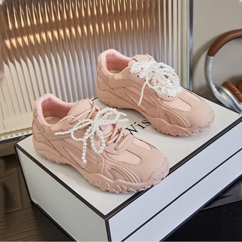 Genuine Leather 2025 Spring New Lace Pearl Casual White Shoes for Women, Thick Soled Sports Forrest Gump Shoes for Women