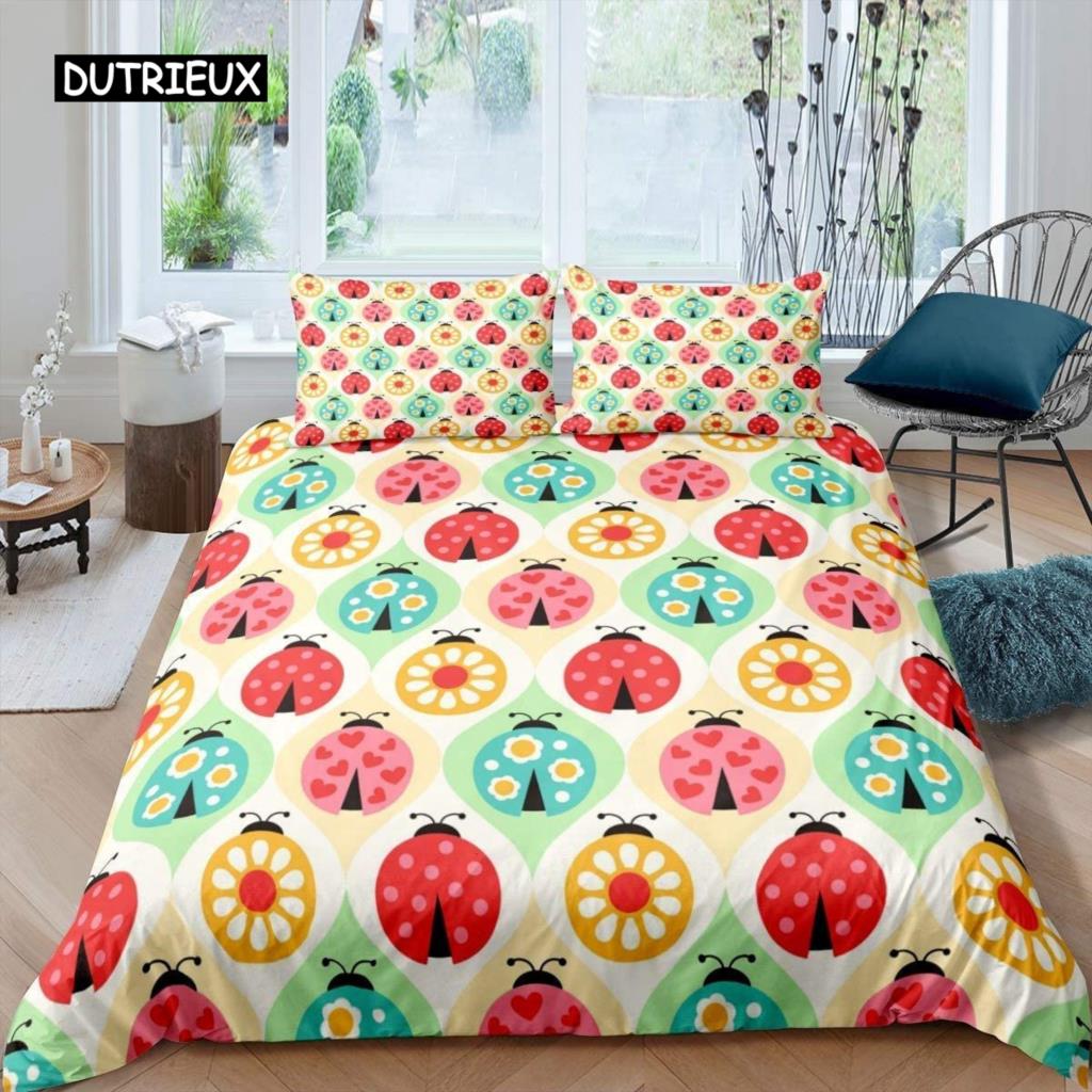 Marienkäfer-Bettbezug-Set, 3D-Marienkäfer-Druck, Bettwäsche-Set für Kinder, Jungen und Mädchen, fliegende Entomologie, 2/3-teilig, weicher Bettbezug in Kingsize