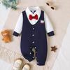 0-18 Maanden Baby Jongen Kleding Formele Jumpsuit Nep 1 Stuks Shirt Romper Beer+Rode Strik Herfst Baby Gentleman Kleding Outfit Set