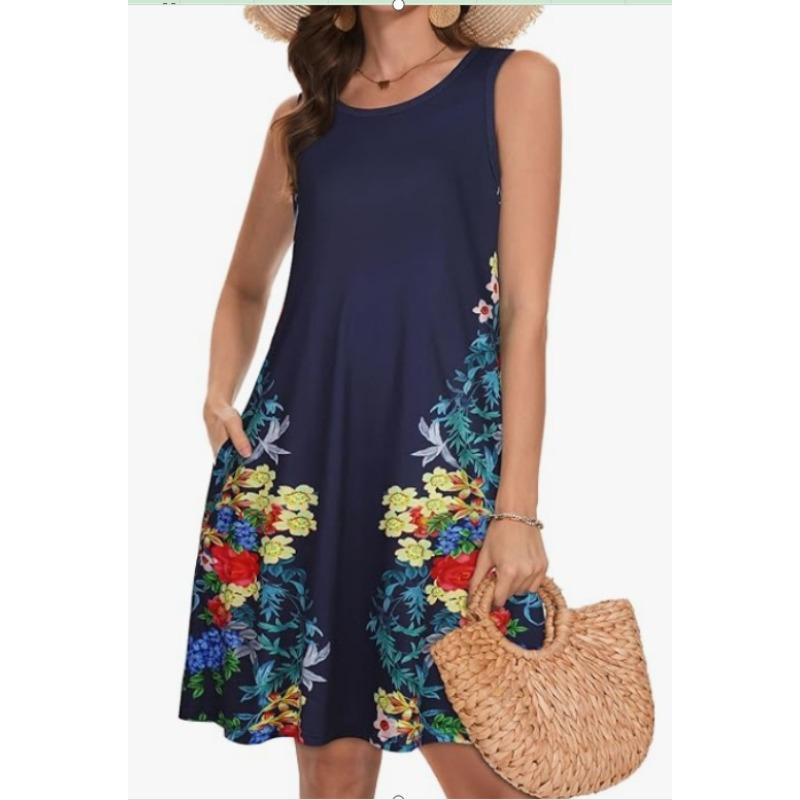Sleeveless Dress Summer New Beach Hawaiian Print Loose Vest Skirt With Pockets