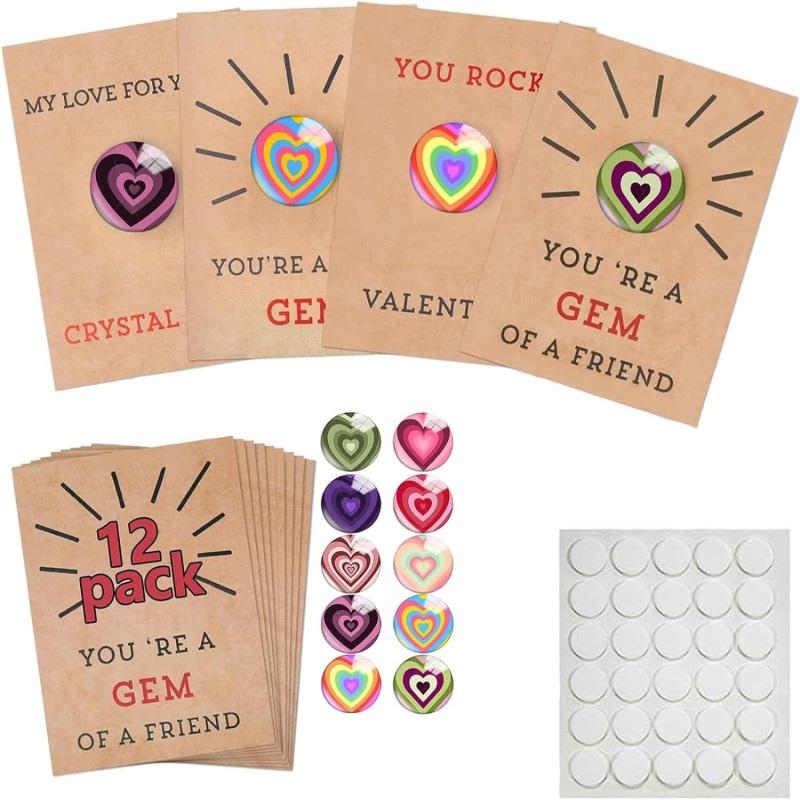 Valentines Day Gift for Kids 12 Pack Valentines Cards Heart-Shape Crystals Valentine Gift Boys Girls Toddlers School Party Favor