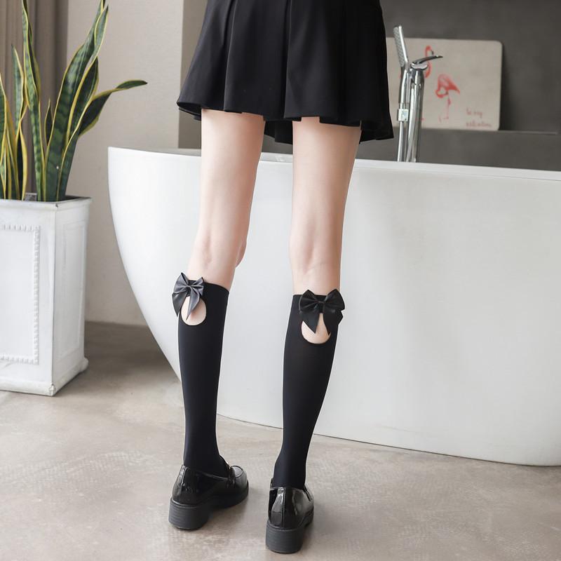 Japanese Velvet Calf Socks Girl'S Bow Mid-High Socks Cute Lolita Knee Socks Spring And Summer Black And White