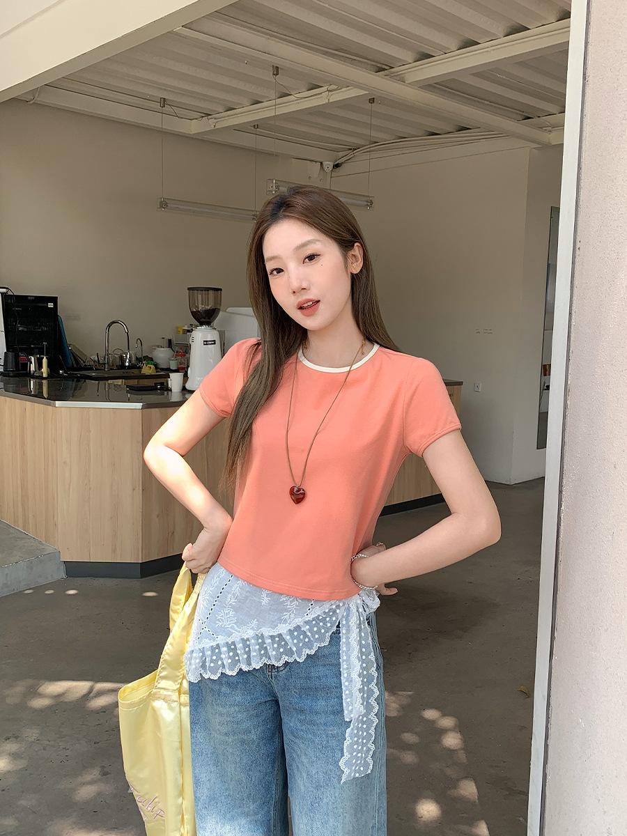 

Green round neck front shoulder small short-sleeved T-shirt women s summer new slim-fitting simple style short top L