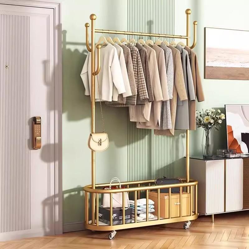 Floor-Standing Movable Clothes Rack with Storage Basket
