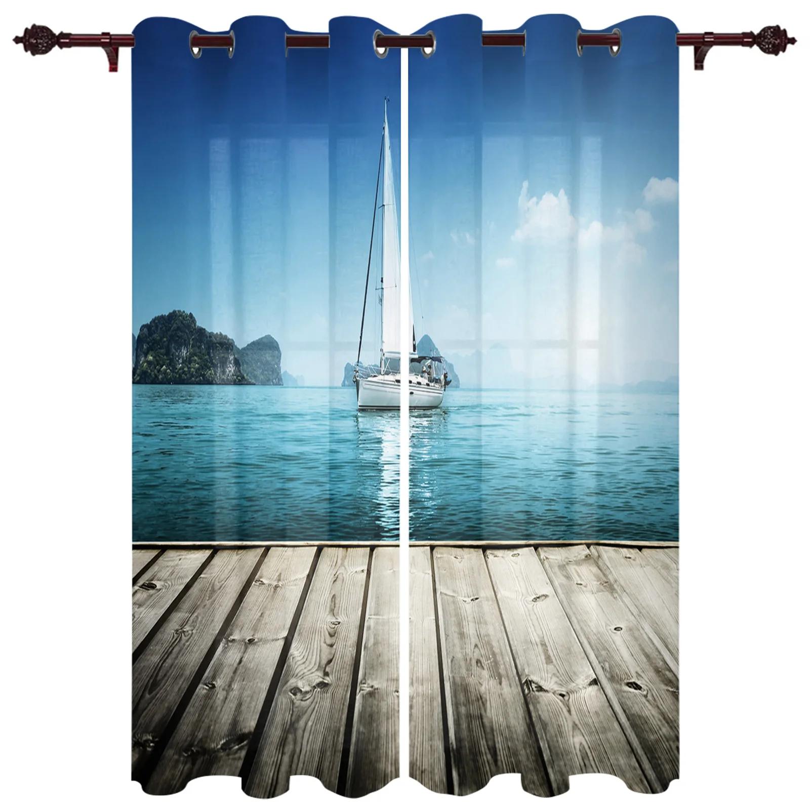 Rideaux Fenêtre Océanique Nautique Voile Décoration Intérieure Rideaux Pièce Principale Rideaux Cuisine Rideaux Panneau pour Fenêtres de Chambre à Coucher cortina (W50H130cm)-2pcs&Grommet Top