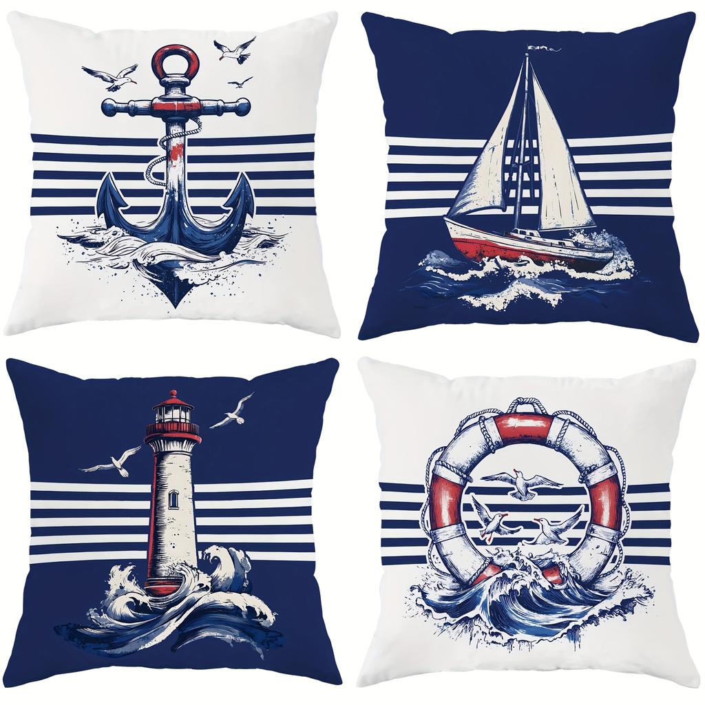 Set da 4 Federe per Cuscini Stile Nautico Moderno Vintage con Chiusura a Zip 100% Adatte per Soggiorno Camera da Letto Divano Letto