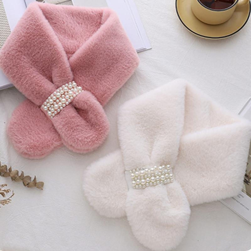 Girls Winter Warm Thicken Scarfs Pearl Cross Buckle Faux Fur Plush Cross Collar Scarf Shawl Lovely Warm Soft Scarf
