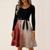 Women's Casual Vintage Halloween Dress Long Sleeve Round Neck Ghost Print Retro Style Midi Dress with Waist Tie for Daily Wear