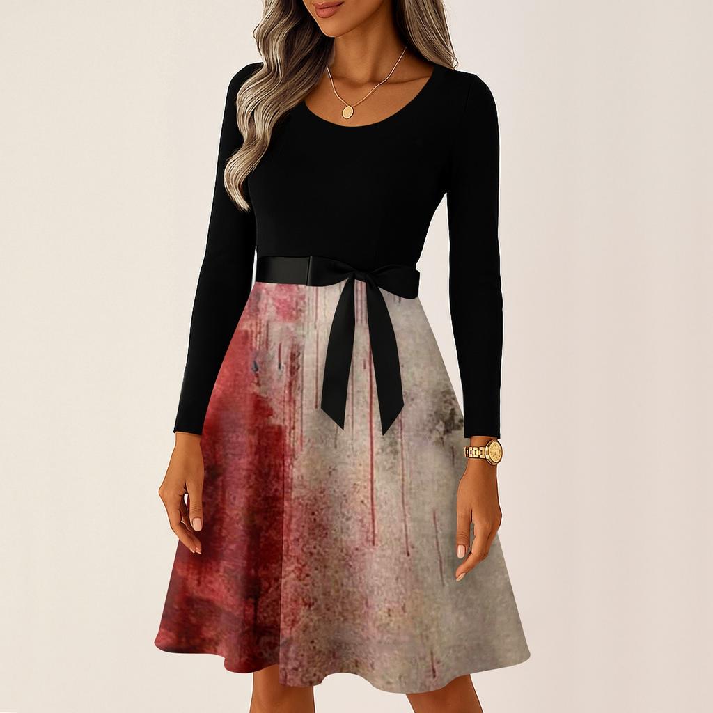 Women's Casual Vintage Halloween Dress Long Sleeve Round Neck Ghost Print Retro Style Midi Dress with Waist Tie for Daily Wear