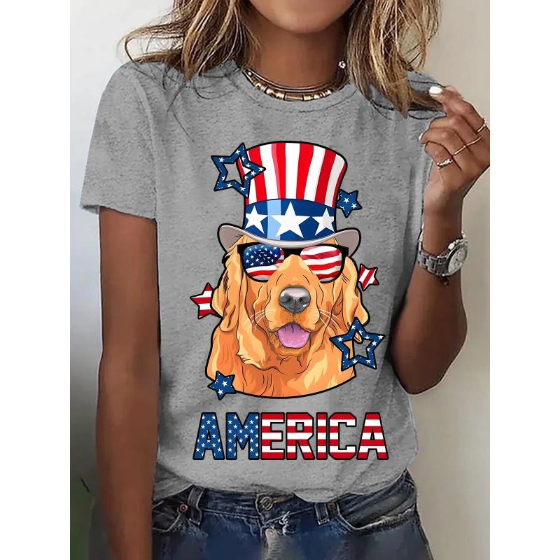 Women's T-Shirt Golden Retriever American Flag Hat Printing Fashion Casual Street Round Neck Oversized Summer Women's Clothing