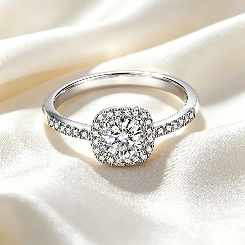 Women's S925 Sterling Silver Square Paved Cushion Shape Double Row Diamond Engagement Ring