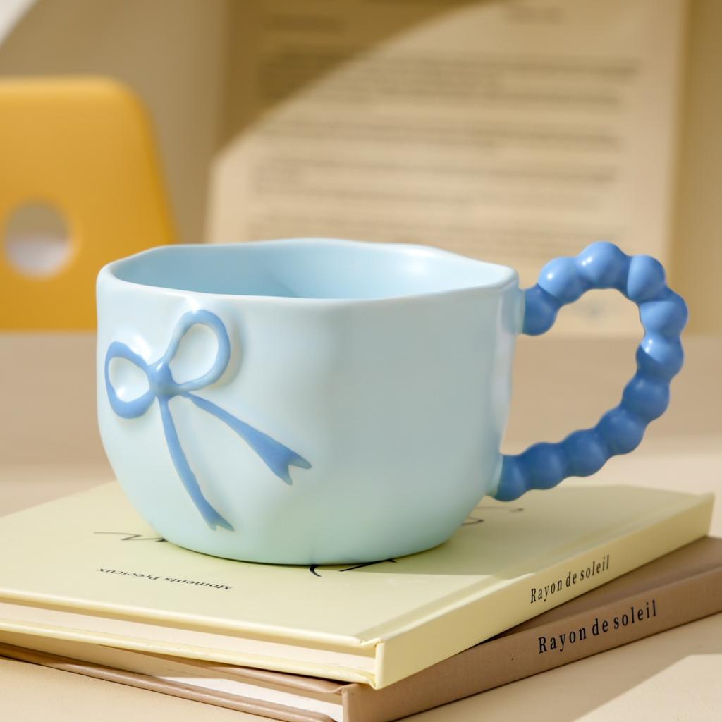 Kreatywny kubek ceramiczny z kokardą, o wysokim wyglądzie, do domu, dla dziewcząt, w pudełku prezentowym, lekki luksus, wysoka jakość, kubek do wody